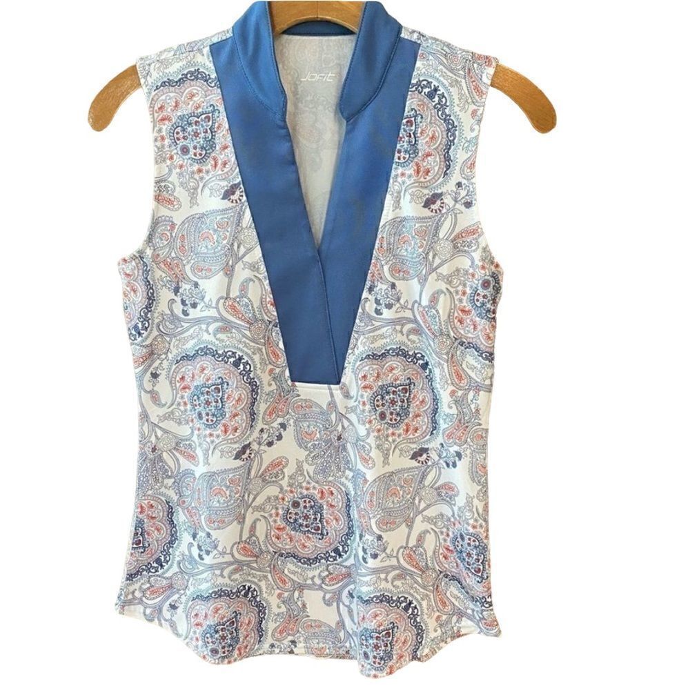Jofit XS White Blue Paisley Golf Tennis Sleeveless Polo Shirt